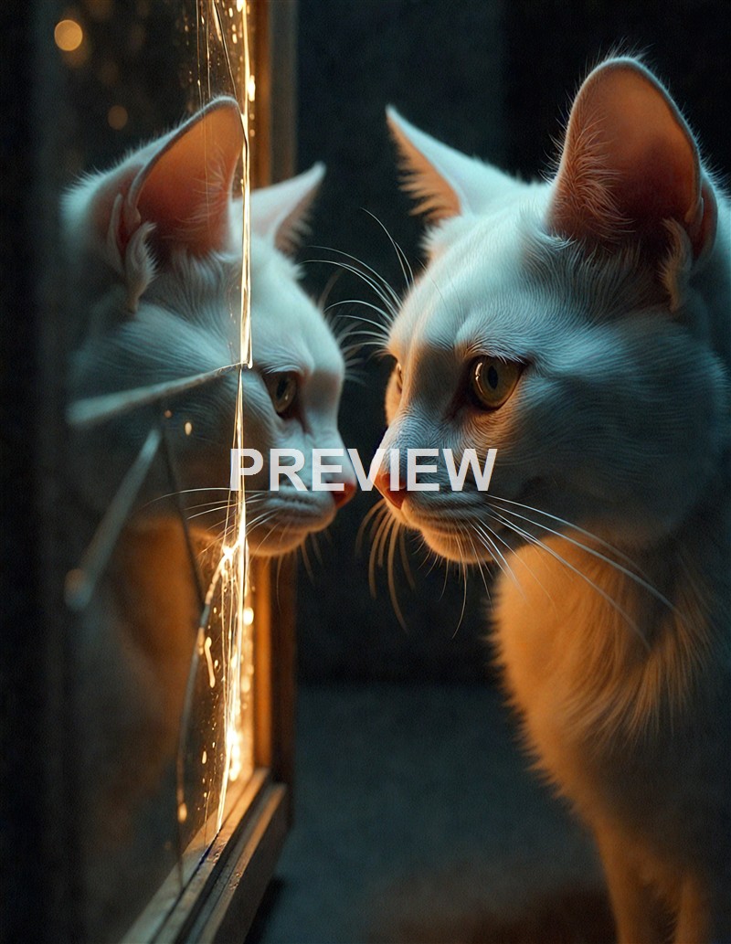 A white cat with yellow eyes gazes intently at its reflection in a mirror, with warm lighting highlighting its fur and the glass surface.